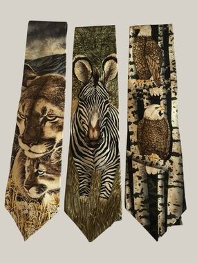 Vintage Endangered Species Wildlife Men’s Ties 90s Cougar Zebra Eagle 100% Silk